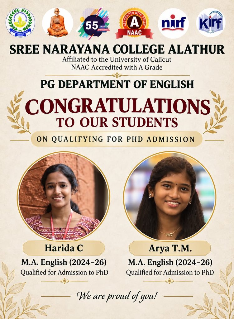 PG Department of English, Sree Narayana College, Alathur Congratulates Students on Qualifying for PhD Admission